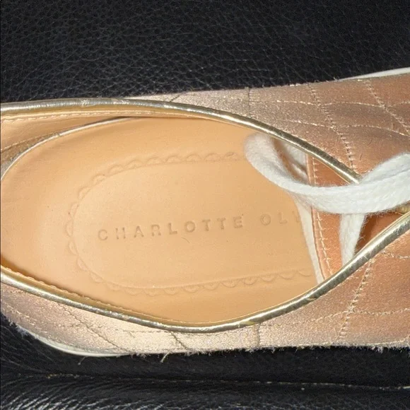 Charlotte Olympia Quilted Peach Satin Lace-Up Sneakers - Picture 2 of 8